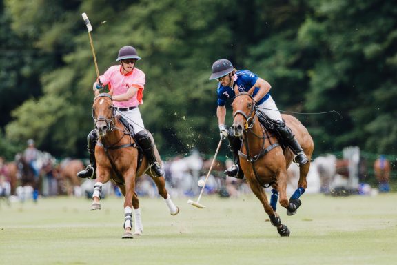 Chasing the ball Polo players in pink and blue shirts riding towards the ball